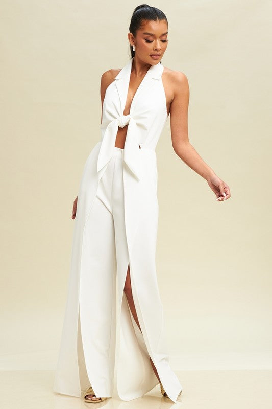 HALTER TIE FRONT SPLIT JUMPSUIT