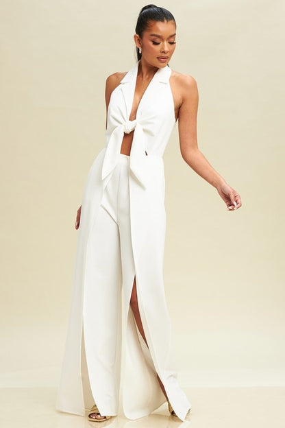 HALTER TIE FRONT SPLIT JUMPSUIT