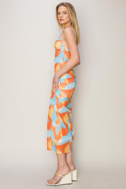 MESH TIE-DYE RUCHED DRESS