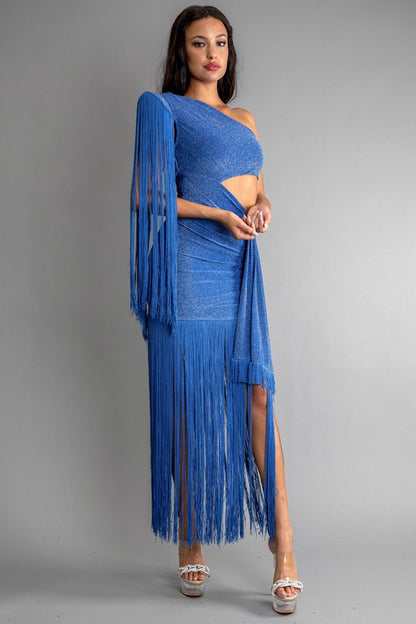 GLITTER KNIT ONE SHOULDER CUT OUT FRINGE DRESS