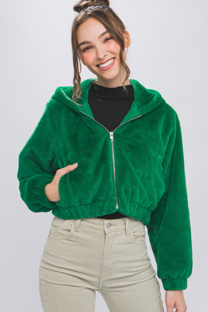 Fleece Blend Semi Cropped Zip Up Jacket with Hood