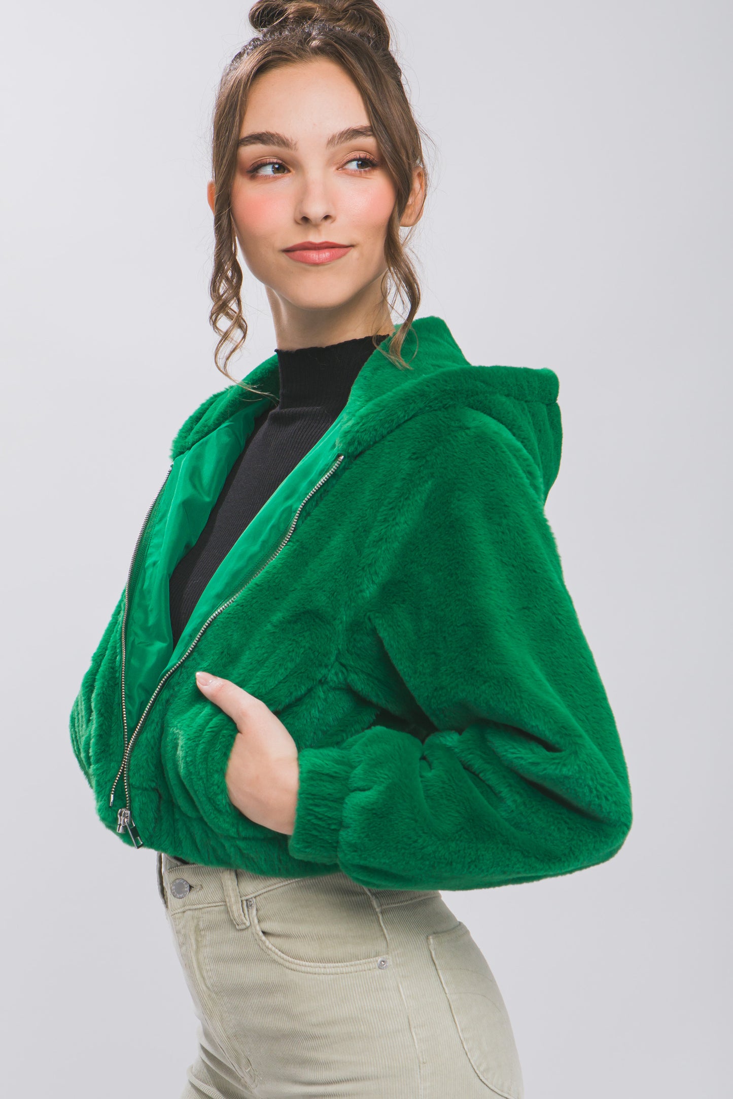 Fleece Blend Semi Cropped Zip Up Jacket with Hood