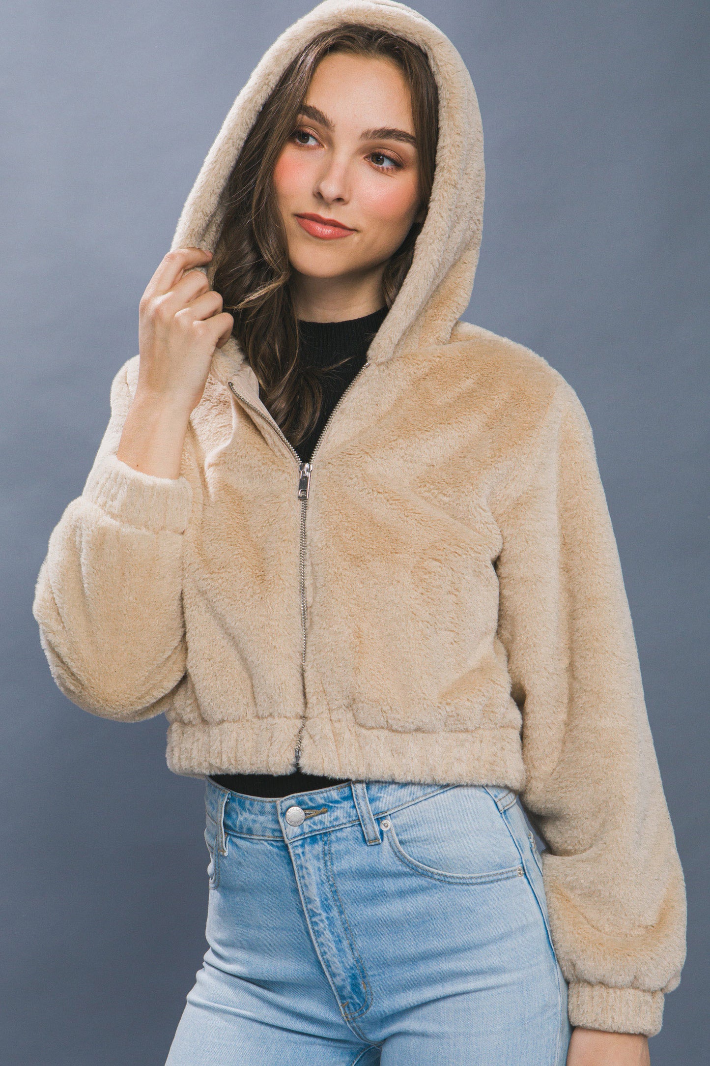 Fleece Blend Semi Cropped Zip Up Jacket with Hood