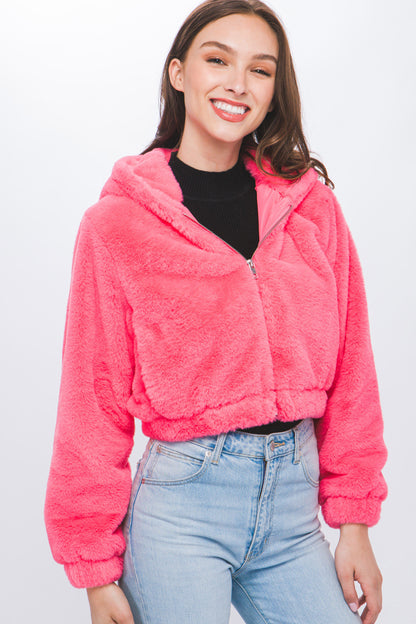 Fleece Blend Semi Cropped Zip Up Jacket with Hood