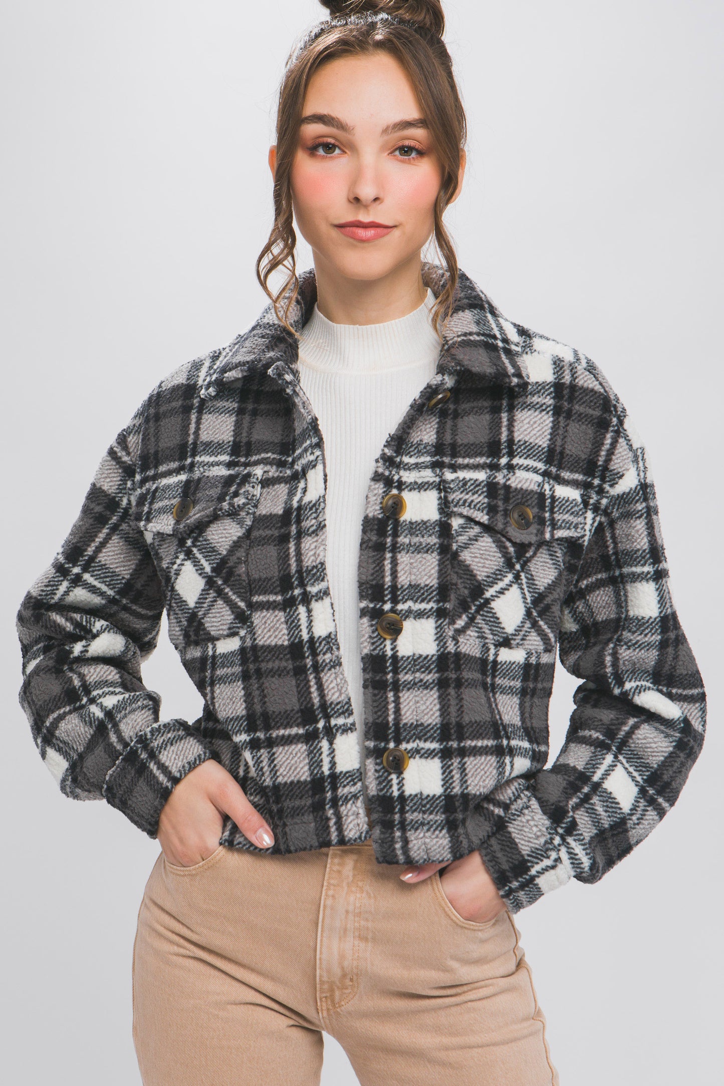 Casual Plaid Button Up Jacket W/Front Pockets