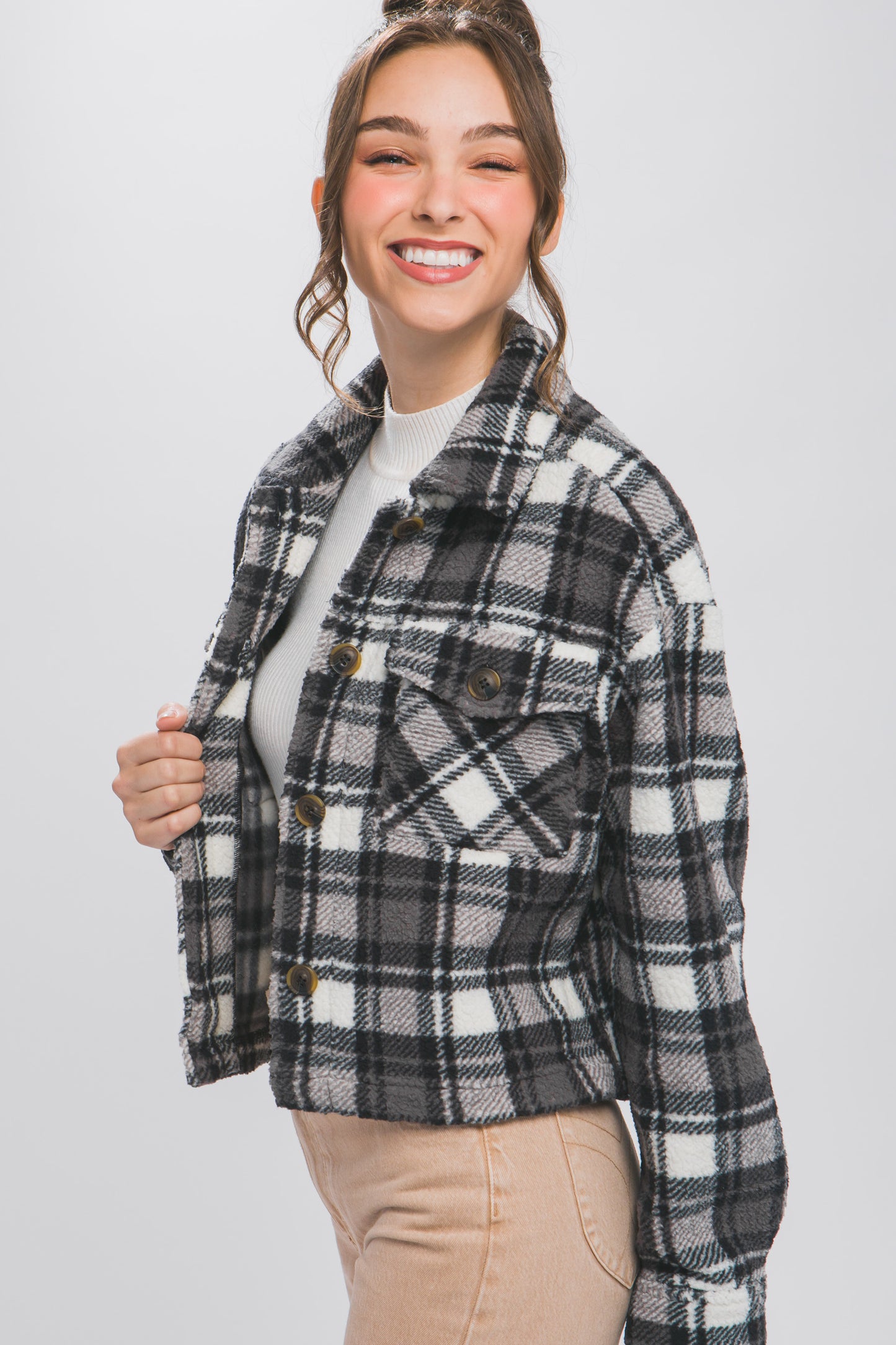 Casual Plaid Button Up Jacket W/Front Pockets