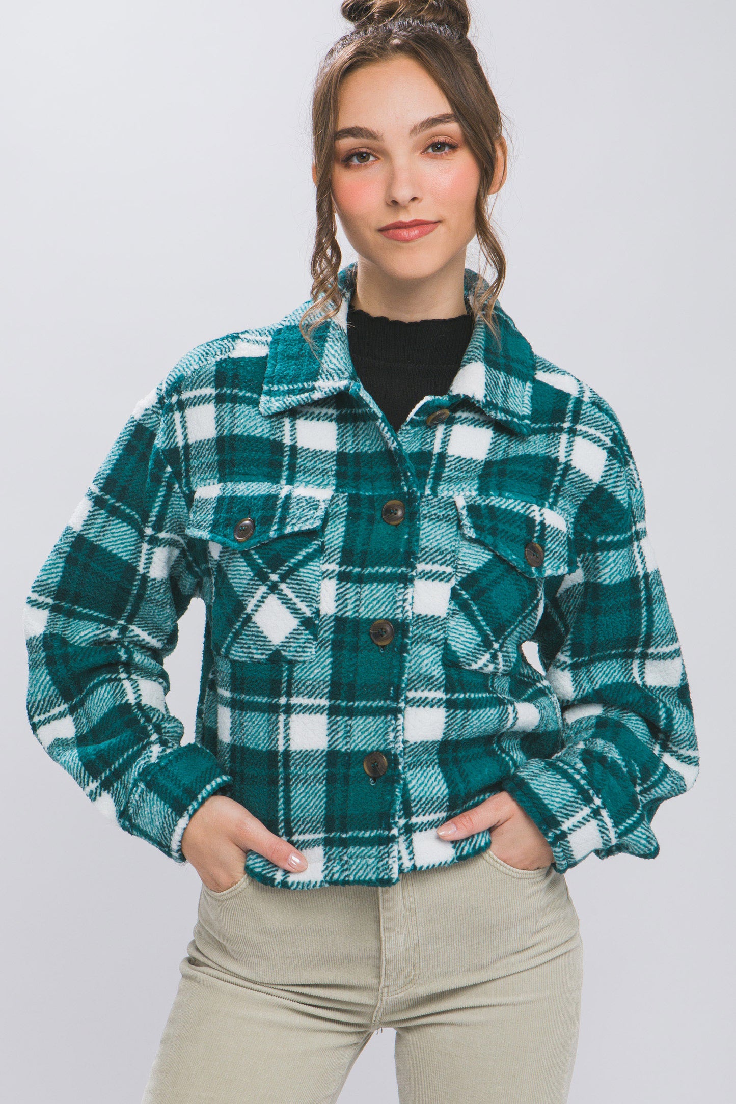 Casual Plaid Button Up Jacket W/Front Pockets