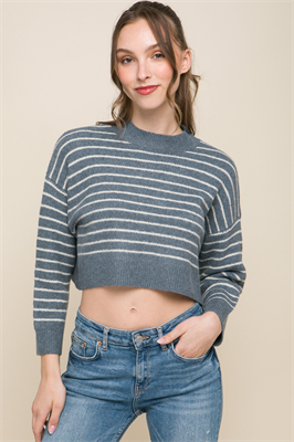 Cropped Stripe Knit Pullover Sweater