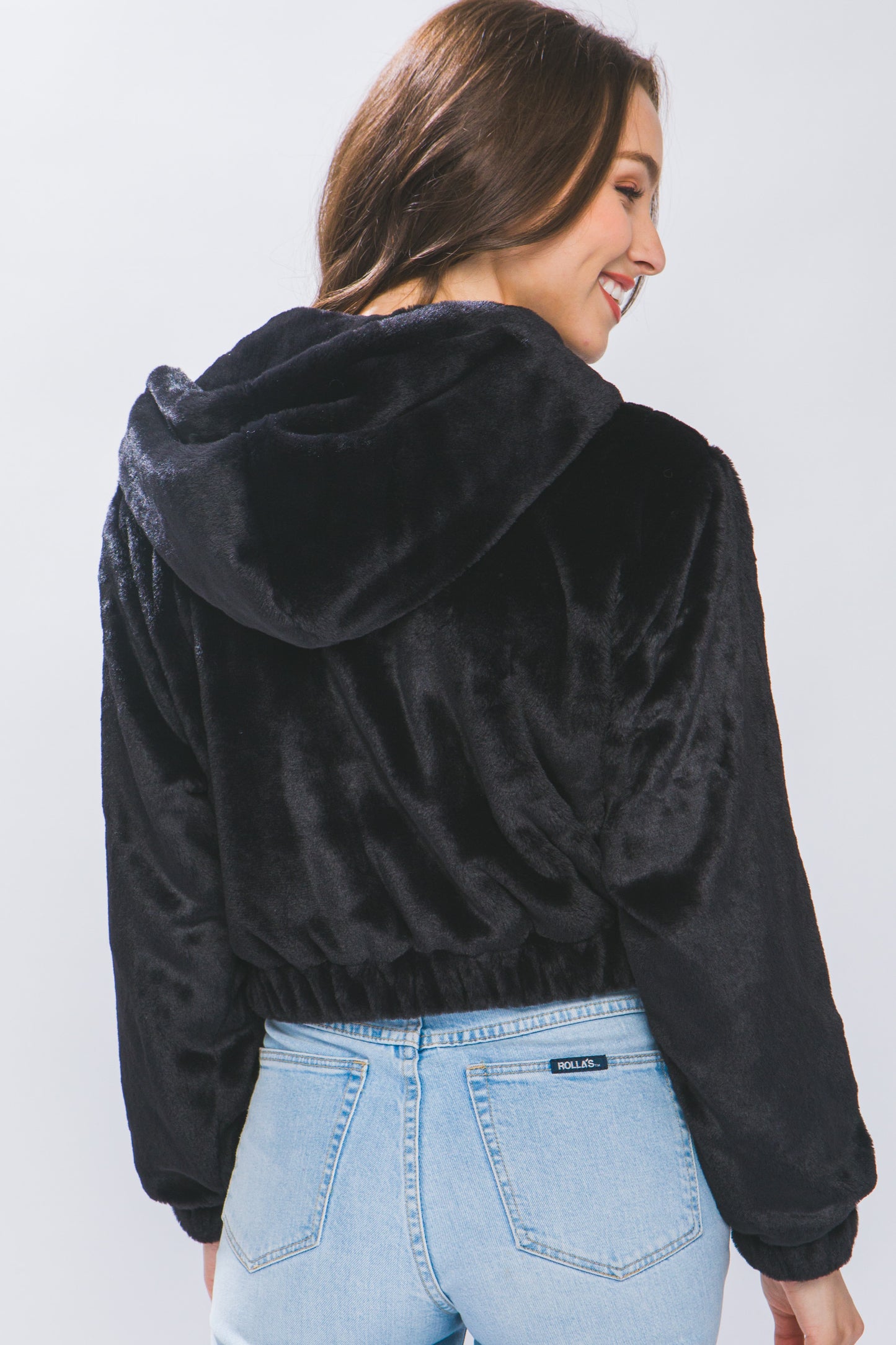 Fleece Blend Semi Cropped Zip Up Jacket with Hood