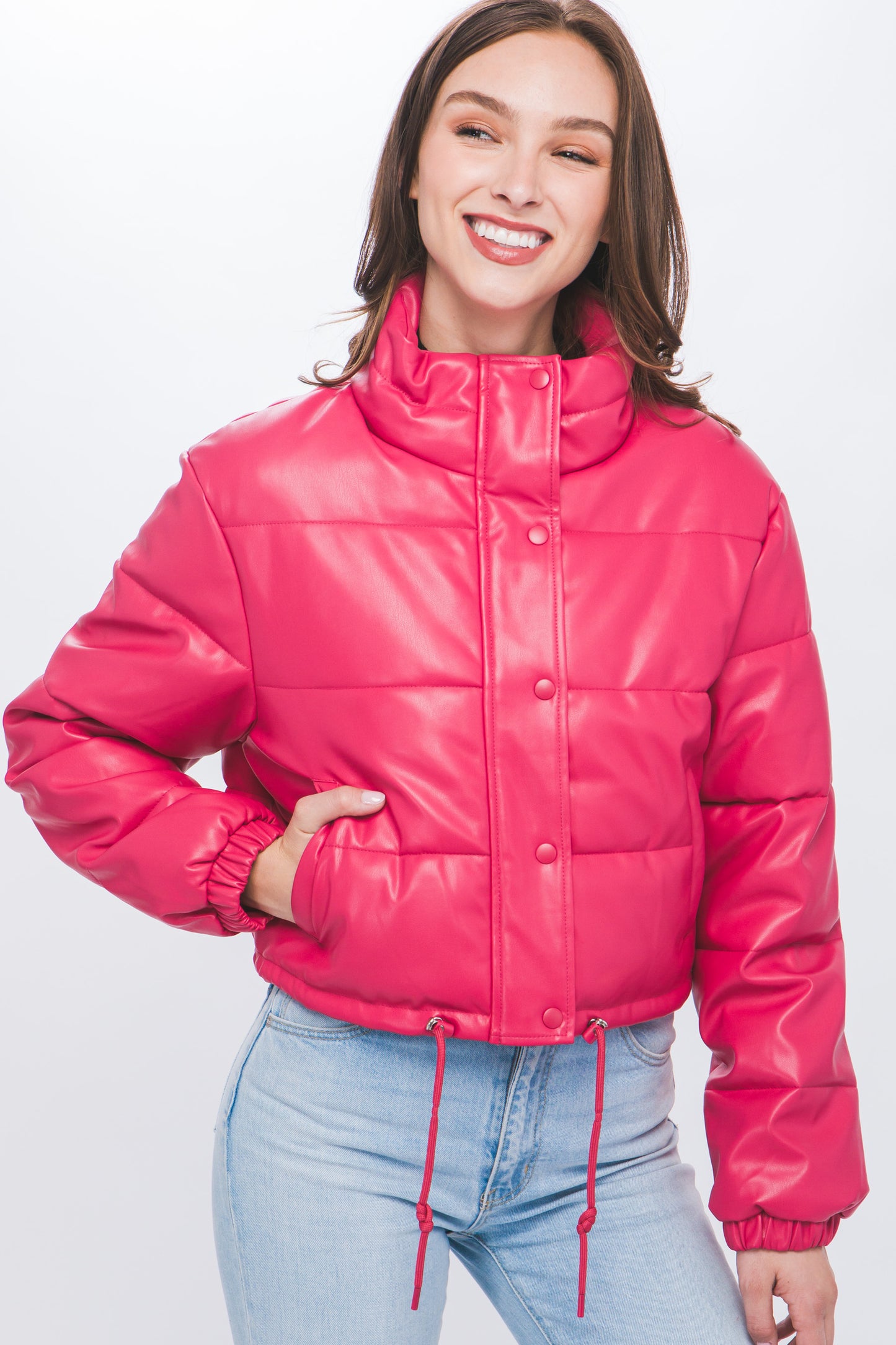 PU Faux Leather Puffer Jacket With Snap Closure