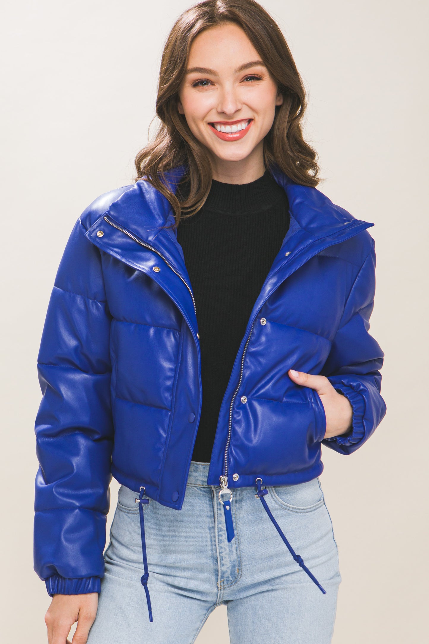 PU Faux Leather Puffer Jacket With Snap Closure