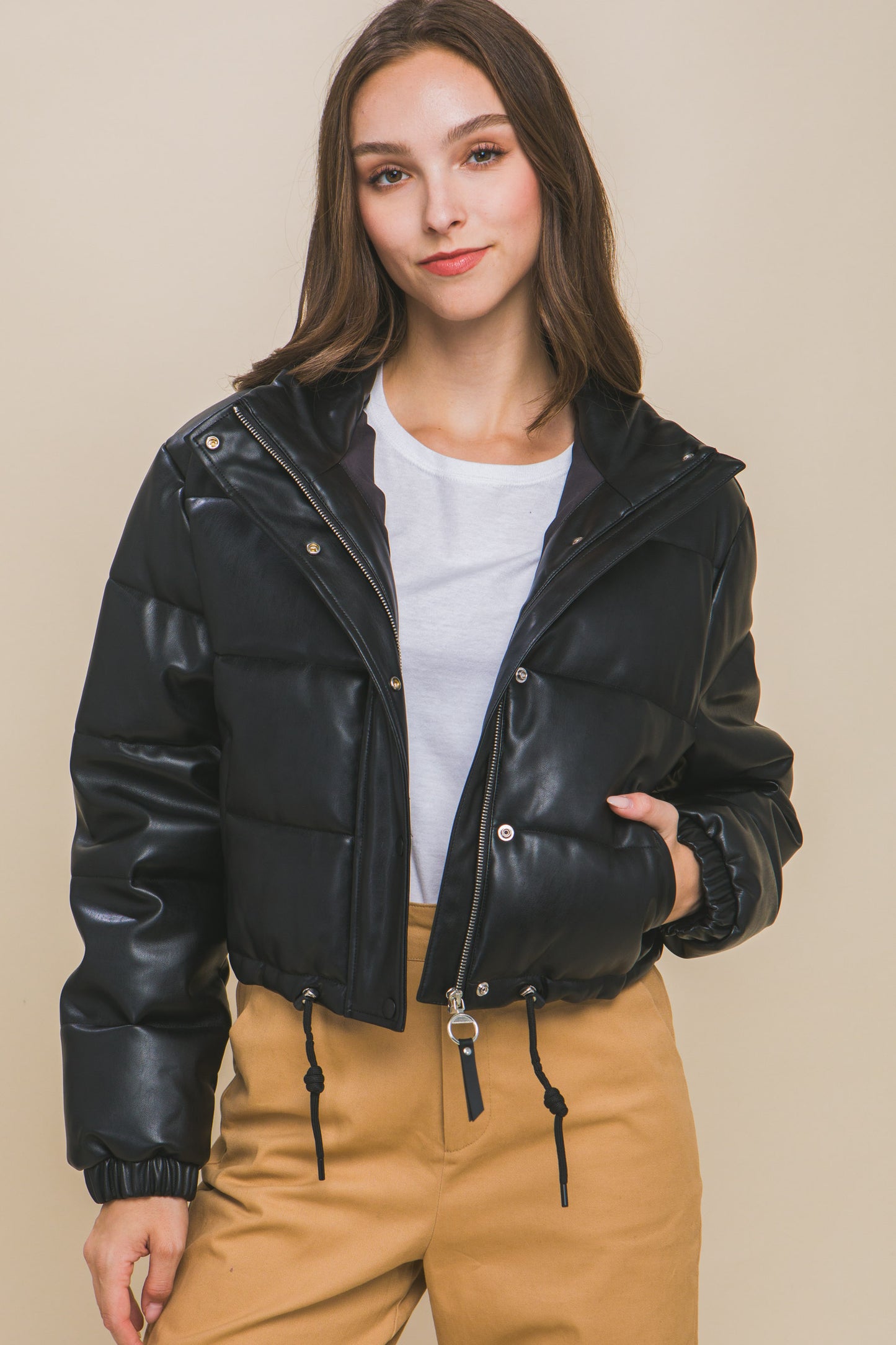 PU Faux Leather Puffer Jacket With Snap Closure