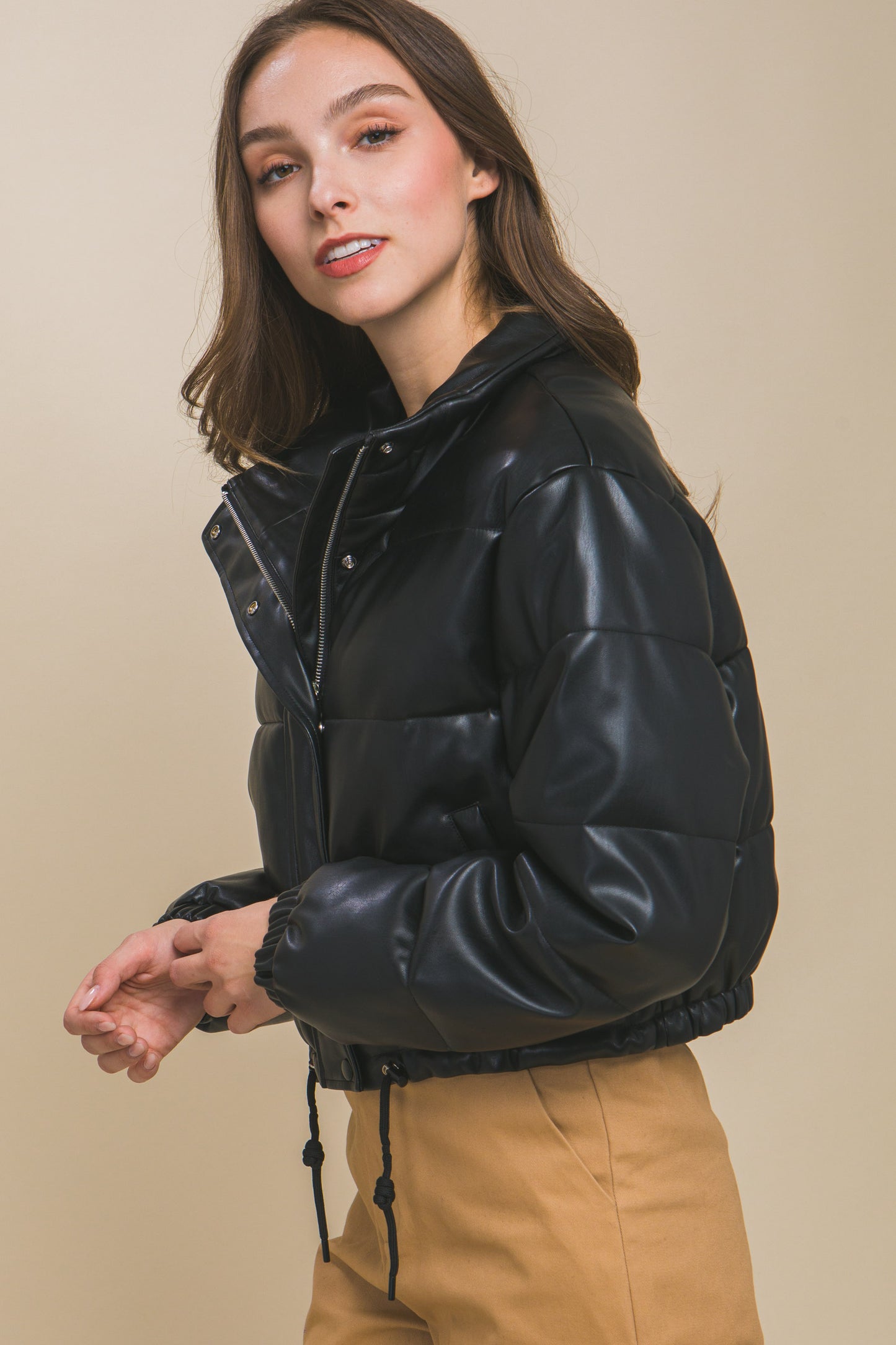 PU Faux Leather Puffer Jacket With Snap Closure