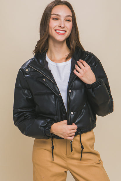 PU Faux Leather Puffer Jacket With Snap Closure