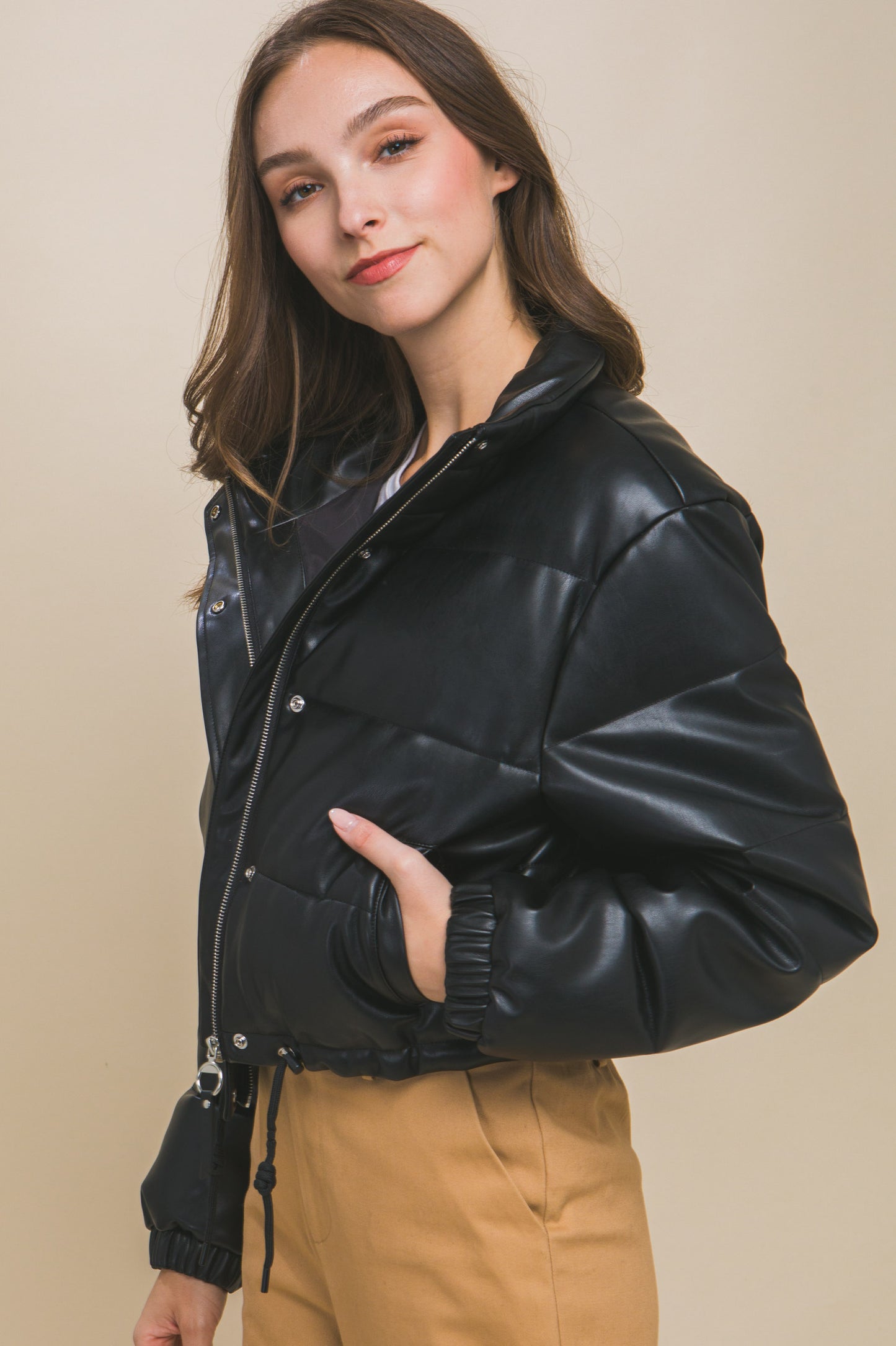 PU Faux Leather Puffer Jacket With Snap Closure