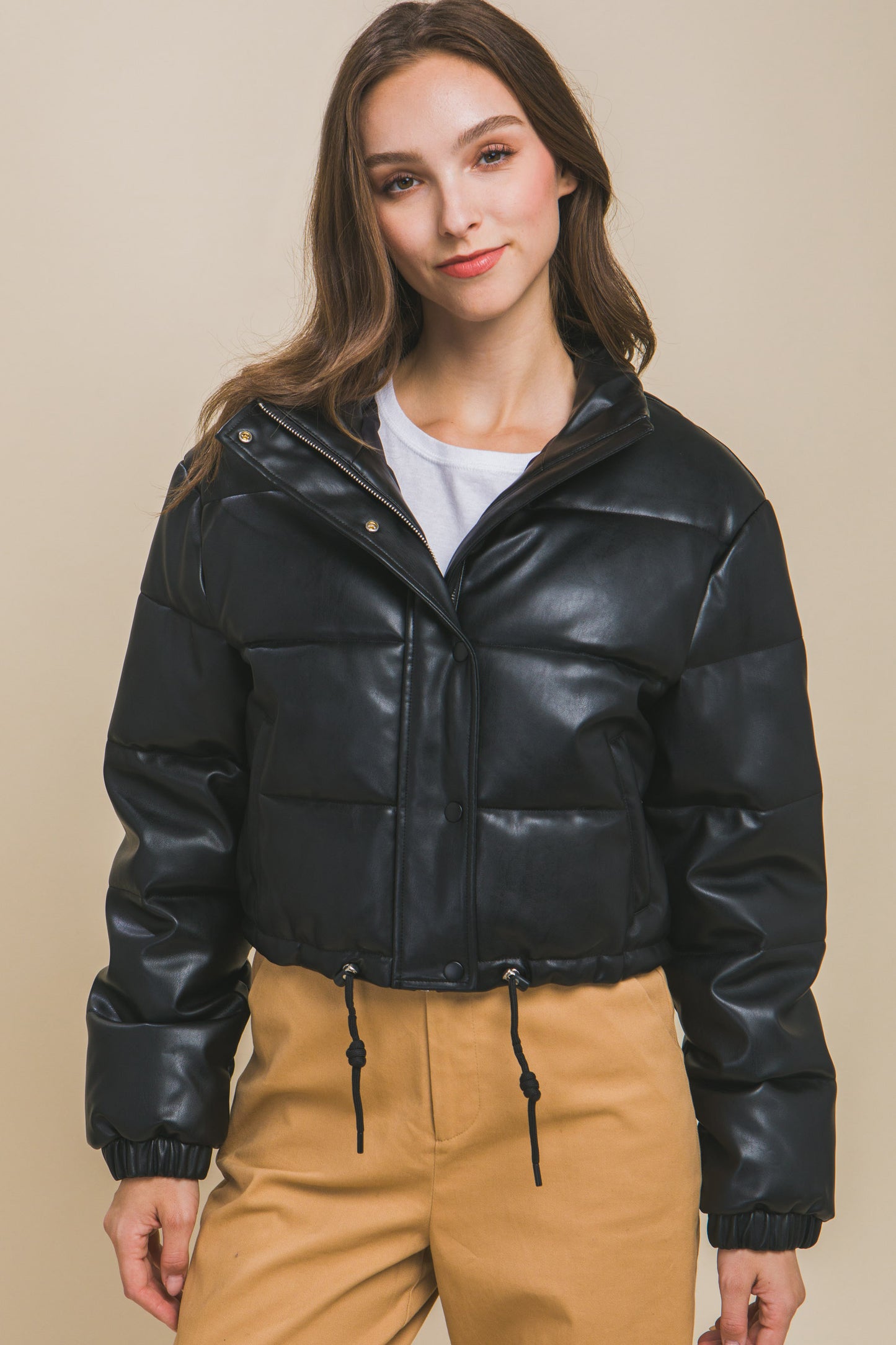 PU Faux Leather Puffer Jacket With Snap Closure