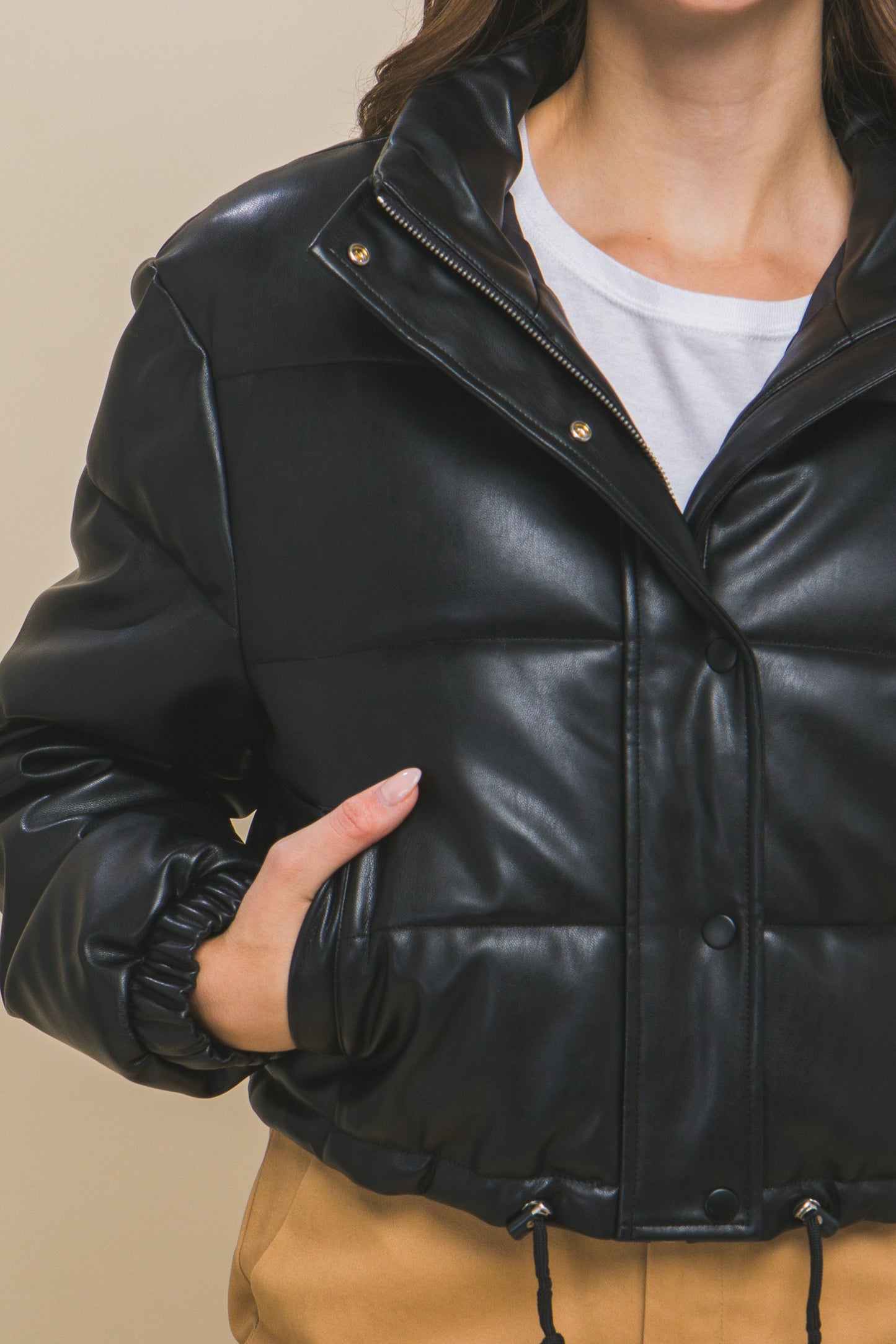 PU Faux Leather Puffer Jacket With Snap Closure