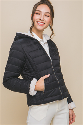 Reversible Faux Sherpa Fleece Puffer Hooded Jacket