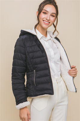 Reversible Faux Sherpa Fleece Puffer Hooded Jacket