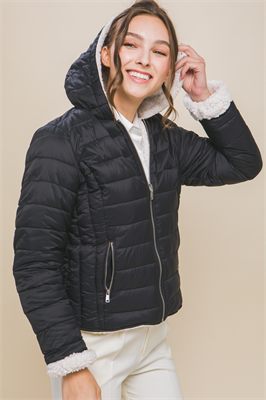 Reversible Faux Sherpa Fleece Puffer Hooded Jacket