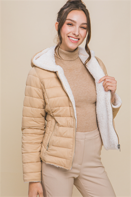 Reversible Faux Sherpa Fleece Puffer Hooded Jacket