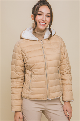 Reversible Faux Sherpa Fleece Puffer Hooded Jacket