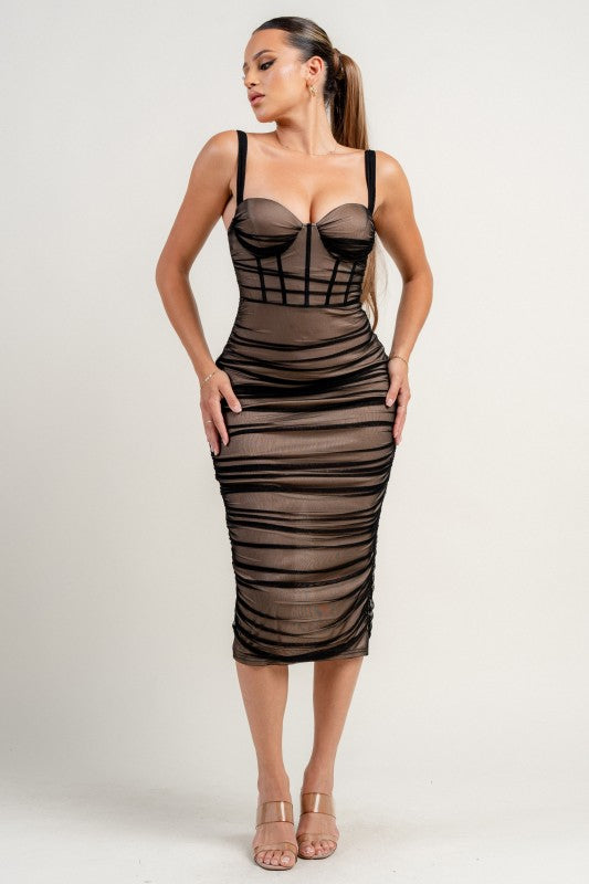 SHEER MESH CORSET SEE-THROUGH MIDI DRESS