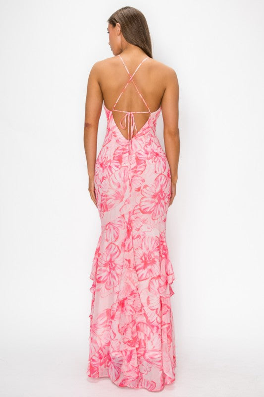FLORAL HALTER PRINTED MAXI DRESS WITH OPEN BACK