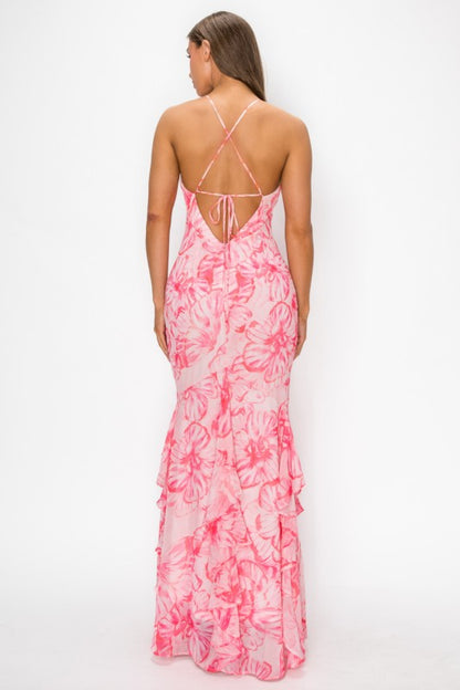 FLORAL HALTER PRINTED MAXI DRESS WITH OPEN BACK