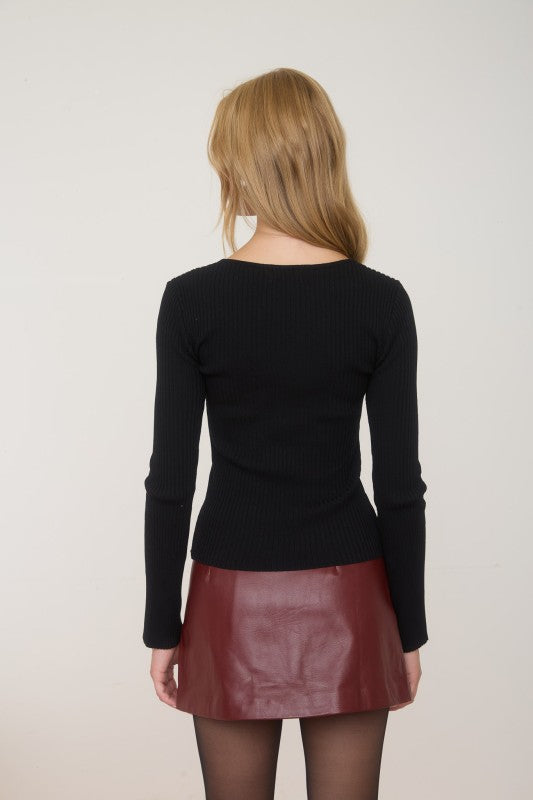 FRONT BOW HARDWARE DETAIL SPLIT HEM KNIT CARDIGAN