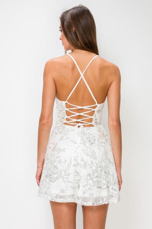SEQUIN FIT AND FLARE MINI COCKTAIL DRESS