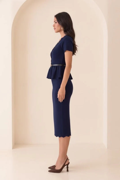 V NECK SCALLOP DETAILED KNIT MIDI DRESS