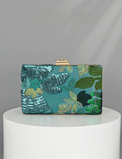 SEQUIN EMBROIDERED FLORAL CLUTCH BAG