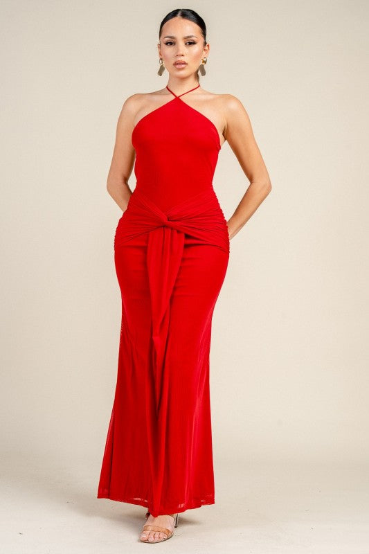 MESH WAIST TWIST SASH MAXI DRESS