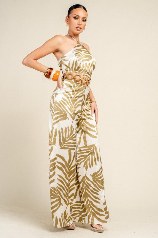 SATIN PRINT W/ WAIST RING TRIM JUMPSUIT