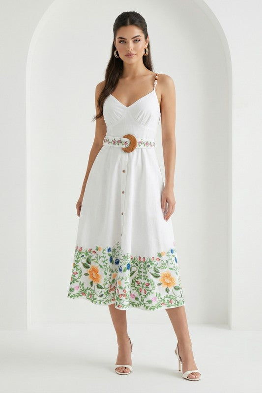 HALTER NECK LINEN FLORAL MIDI SUMMER DRESS