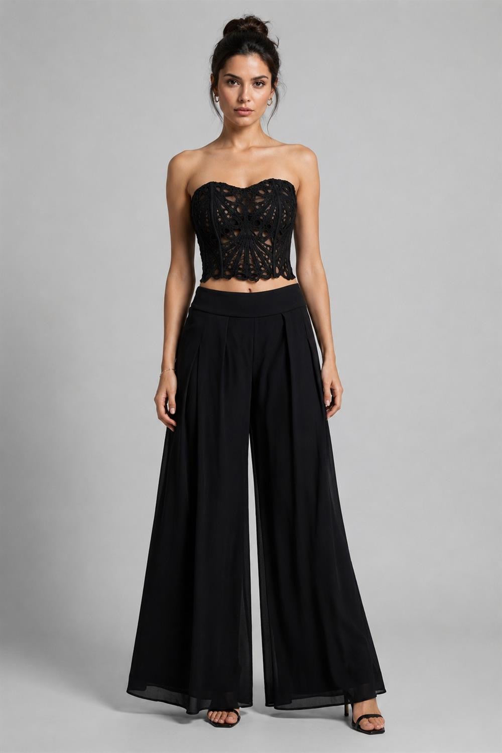 CROCHET CROP TOP WITH CHIFFON WIDE LEG PANTS SET