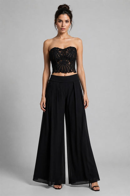 CROCHET CROP TOP WITH CHIFFON WIDE LEG PANTS SET