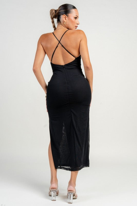 CORSET STRAPPING DETAIL FRONT SLIT MAXI DRESS
