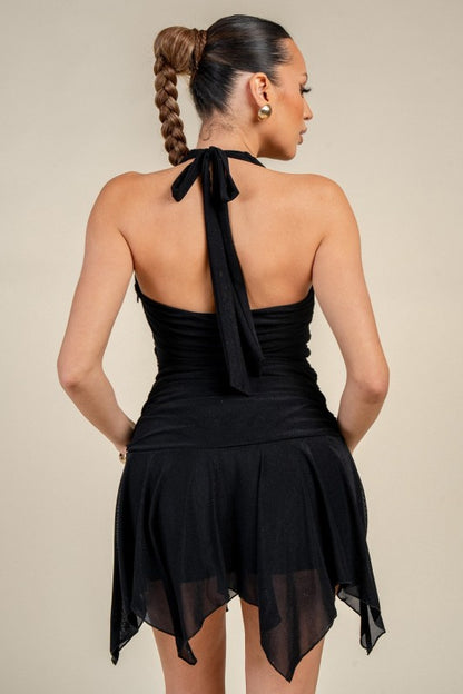 HALTER NECK HANDKERCHIEF HEM MINI DRESS