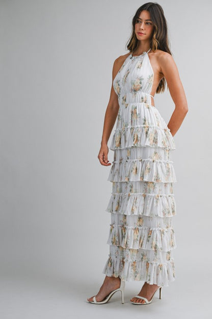 PRINTED FLORAL TIERED MIDI SUMMER DRESS