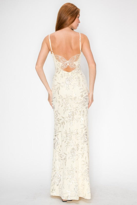FLORAL SEQUIN MERMAID MAXI COCKTAIL DRESS