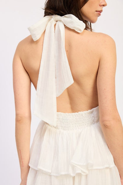 HALTER TIERED MIDI DRESS WITH NECK TIE