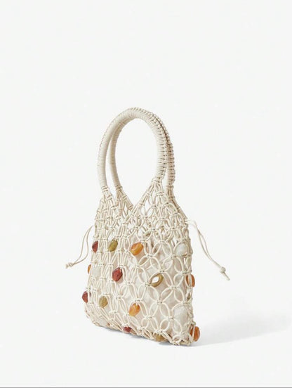 TOP HAND WOOVEN BEACH HANDBAG WITH COLORFUL BEADS
