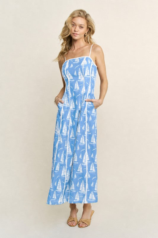 PRINTED PIPING DETAIL MAXI DRESS