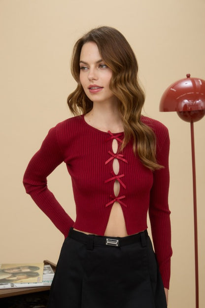 CUTOUT BOW DETAIL RIBBER KNIT CARDIGAN
