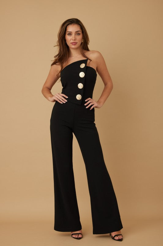 OFF SHOULDER BUTTON TRIM JUMPSUIT