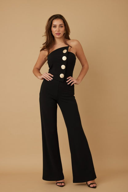 OFF SHOULDER BUTTON TRIM JUMPSUIT