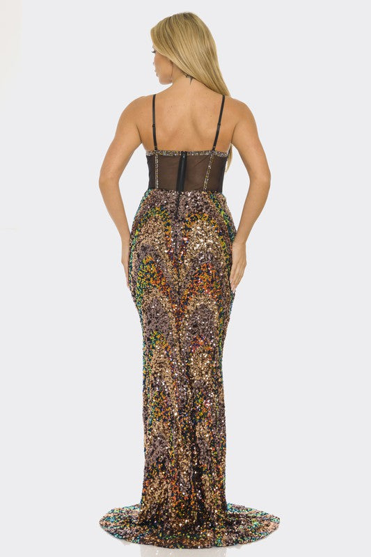 SEQUIN MESH CONTRAST MAXI Cocktail  DRESS