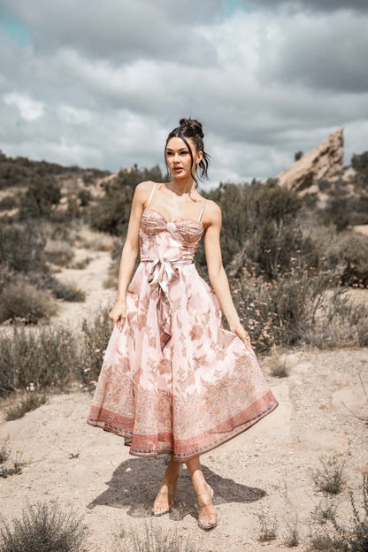 SWEETHEART NECK SPAGHETTI STRAP PRINTED MIDI DRESS